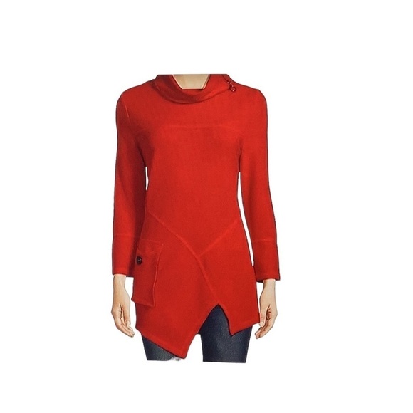 Calessa Solid Texture Knit Asymmetrical Zipper Mock Neck Wrist Patch Pock Tunic - Picture 1 of 11